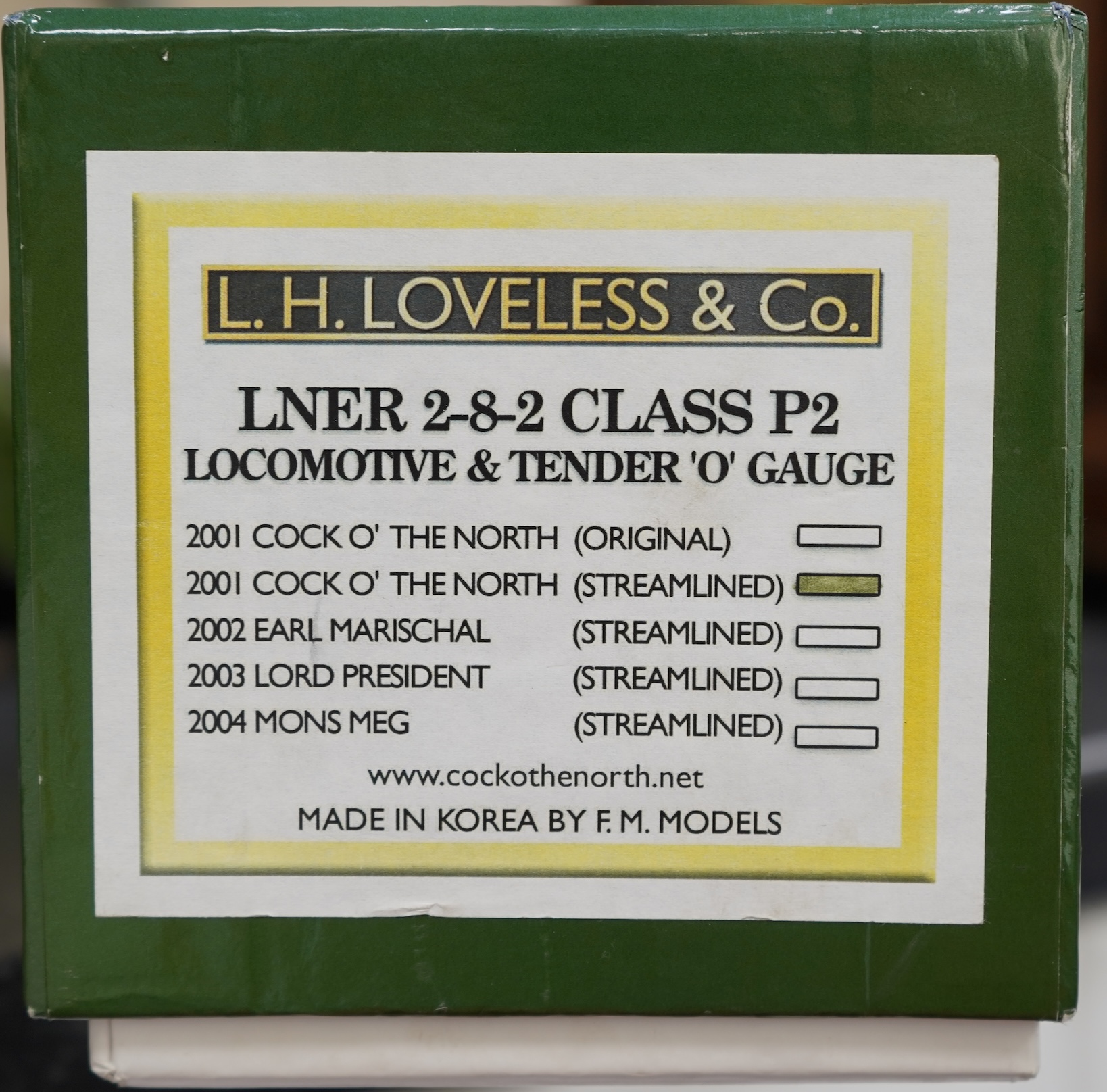 An 0 Gauge L H Lovelace & Co. by F M Models, model of LNER Class P2 Cock O’ The North, 2001 2-8-2 locomotive, powered for two rail operation, with original box.
